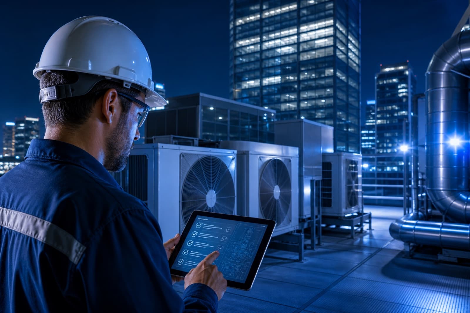 Facilities technician on building maintenance with a tablet