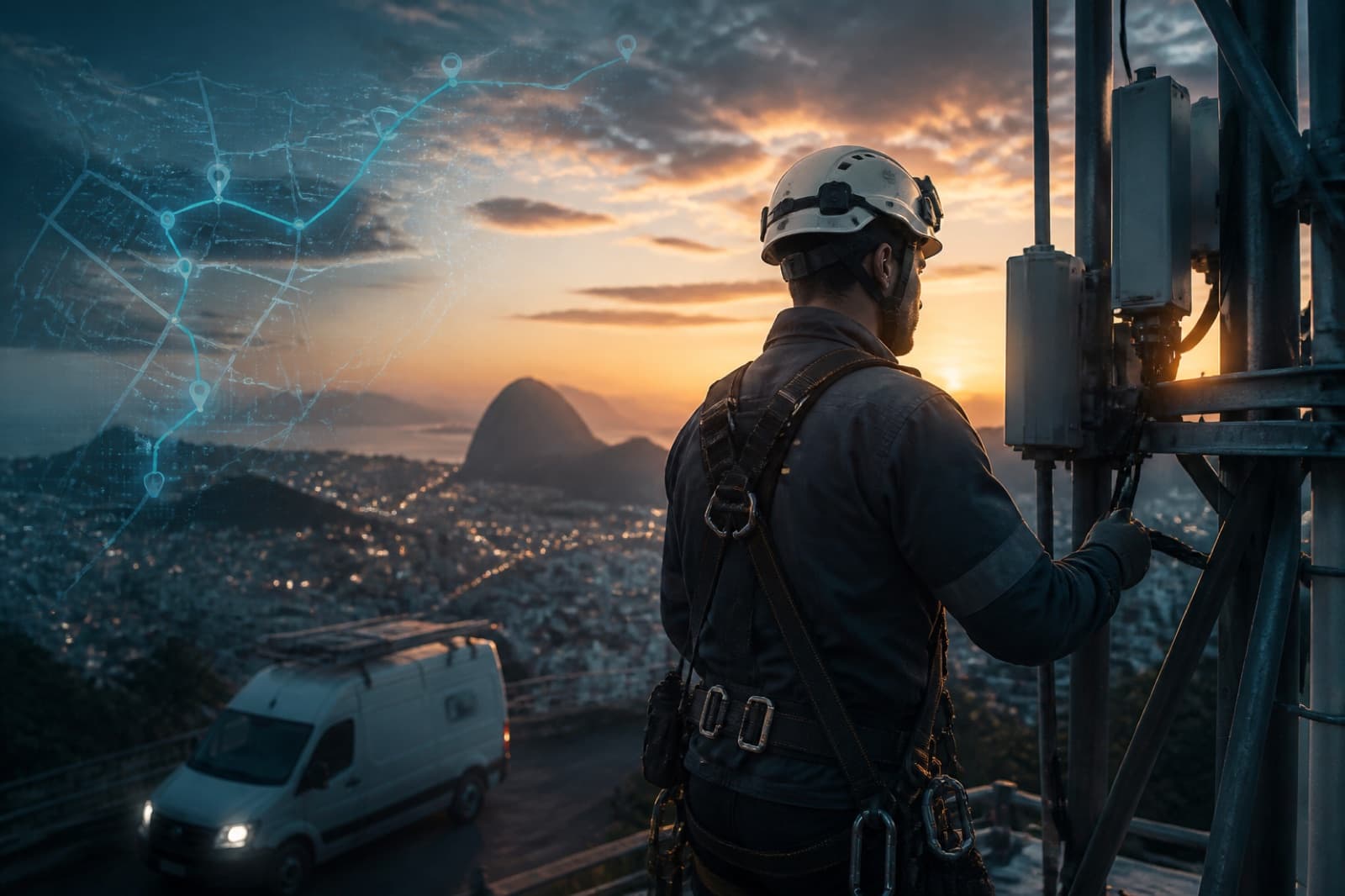 Telecom field operation with tower and technical crew