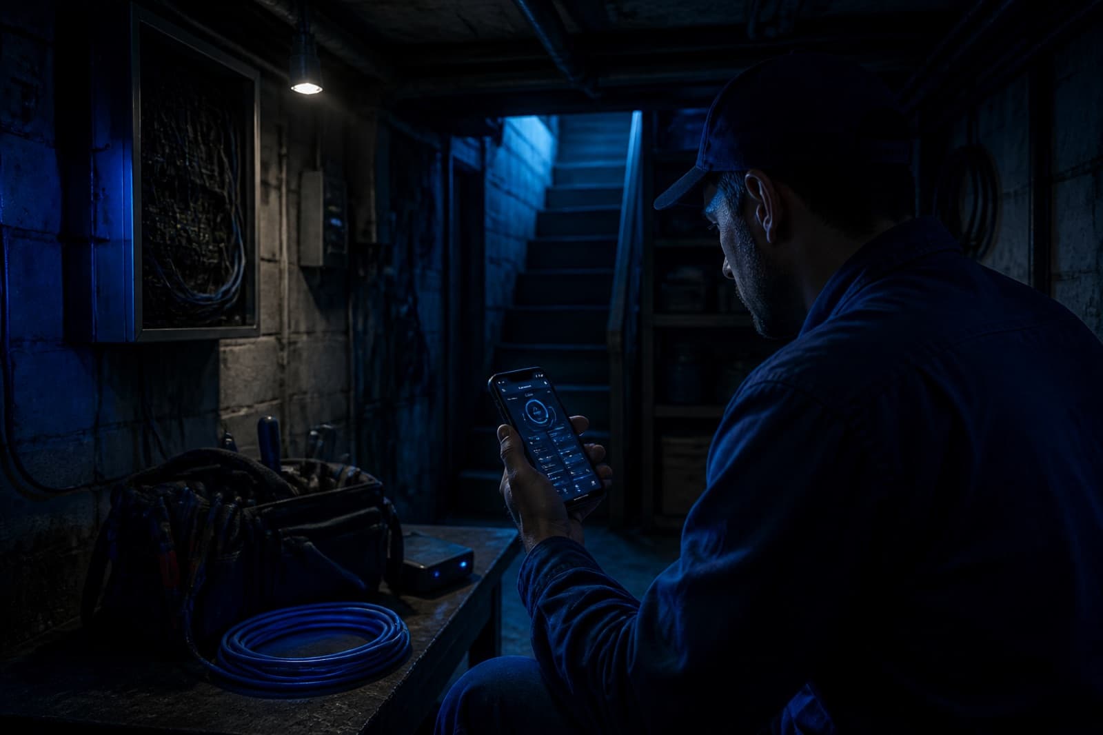 Technician in a no-signal environment filling a work order on a phone