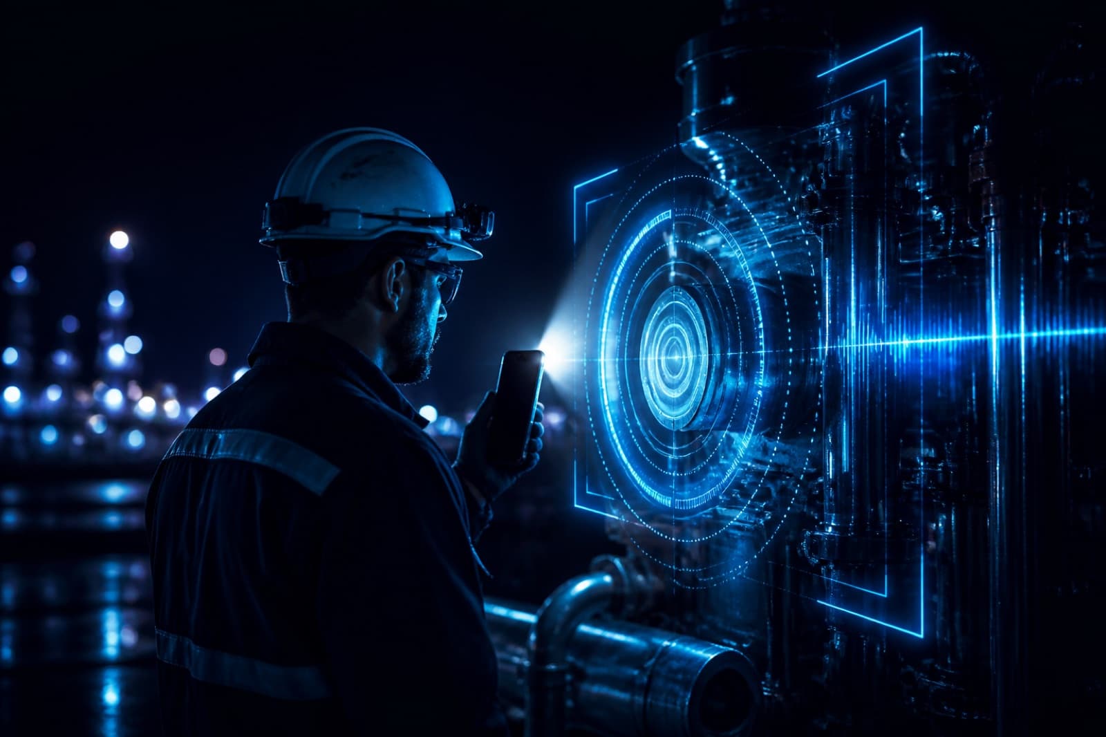 Field technician at night using a smartphone with an operational vision overlay